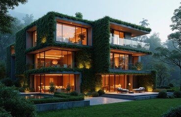 Fototapeta premium Modern eco-house with green living walls and glass facade. Warm indoor lights visible, surrounded by dense forest, offering luxury sustainable living. Outdoor lounge area with seating.