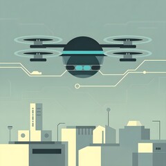 Flat vector illustration of a futuristic drone flying above a modern smart city skyline, representing innovation, technology, automation, and urban aerial delivery in minimalist geometric design