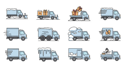 Set of stylized line icons depicting various delivery trucks in winter conditions, including snow plows, gift delivery, fast shipping, and trucks carrying snow, ice, and a snowman, perfect for