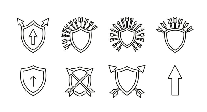 Collection of outline shield icons with arrows, symbolizing protection, defense, and resilience, suitable for graphic design, web development, app interfaces, advertising campaigns, and various card