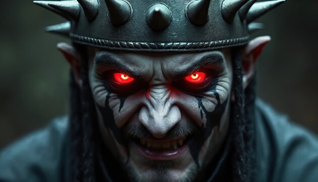 Menacing figure with sharp spiked crown wears dark war paint, glowing red eyes staring intensely. Sinister character embodies evil overlord or demonic ruler.