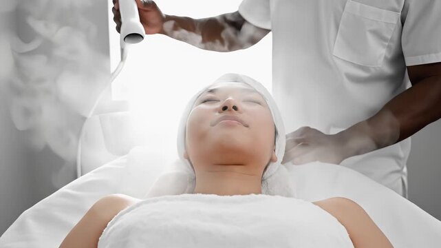 Skincare treatment session featuring a focused aesthetician applying steam to a relaxed client, showcasing soothing ambiance and professional technique