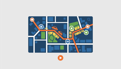 A modern digital map interface showcasing an interactive route planner with vibrant icons and realtime traffic updates.