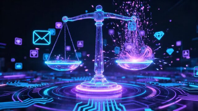 Justice concept represented by glowing digital balance scale. Legal and ethical principles in technological environment. Camera tilts up and down.