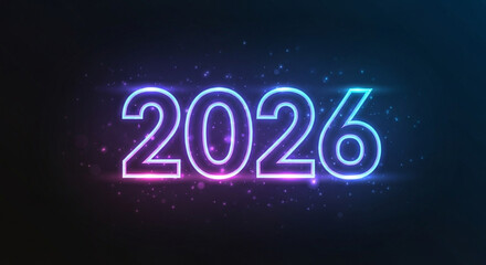 Bright neon glowing numbers 2026 illuminate a dark, starry background with vibrant purple and blue energy, perfect for New Year's celebrations or future-focused projects.