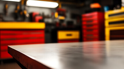 Workshop workbench, ready for the next project. Tools and equipment surround the space, creating an environment of creativity. Red and yellow accents add energy.