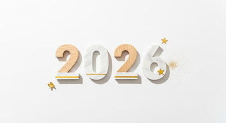 Celebrate the future with elegant 2026 numbers, sparkling gold stars, and festive confetti for a bright new year ahead.