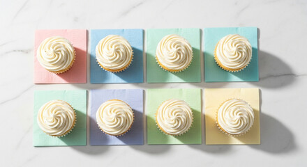 Delightful vanilla cupcakes with creamy frosting arranged neatly on colorful pastel napkins, perfect for celebrations and sweet moments.