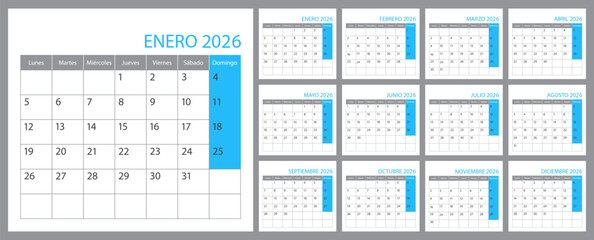 Spanish calendar planner 2026 year, schedule month calender, organizer template. Week starts on Monday. Business personal page for Spain. Modern simple dairy background. Vector illustration