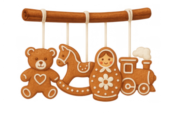 Gingerbread christmas ornament set hanging on cinnamon stick, featuring teddy bear, rocking horse, matryoshka doll, and train
