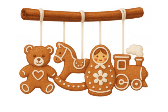Gingerbread christmas ornament set hanging on cinnamon stick, featuring teddy bear, rocking horse, matryoshka doll, and train