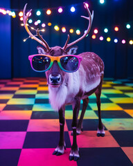 Quirky and Fun Image of a Reindeer Wearing Bright Sunglasses on a Checkerboard Disco Floor