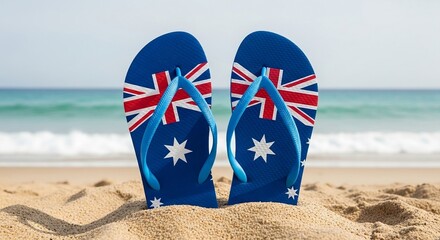 Australian flag flip-flops standing in the golden sand on a sunny tropical beach with the ocean in the background.