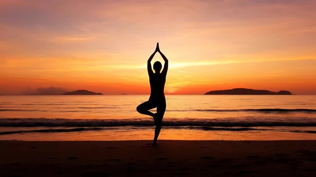 Silhouette of a woman performing the tree pose yoga asana on a beach at sunset, with the ocean and islands in the background, symbolizing balance