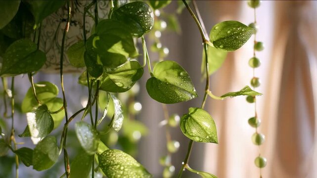 A close-up shot of vibrant green plants with water droplets and sunlight.