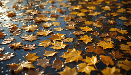 Fototapeta premium Golden autumn leaves scattered on a wet surface after rain 