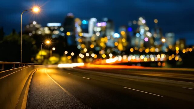 Softly blurred view of road lights forming a path toward bright city skyline, silhouette moving forward with steady pace, with copy space.