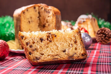 Christmas table, a beautiful Christmas table with chocolate cake and Christmas decorations, selective focus.