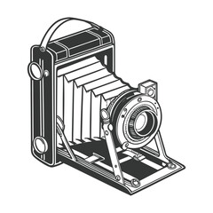 Vintage folding bellows camera illustration in black and white
