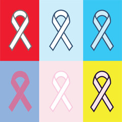 Collection of awareness ribbons in various colors on colorful backgrounds