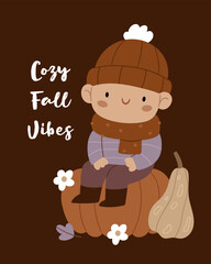 Cute boy in warm autumn clothes sitting on pumpkin with cozy fall elements. Illustration in Scandinavian minimalism style, perfect for seasonal cards, kids prints, and autumn decor.