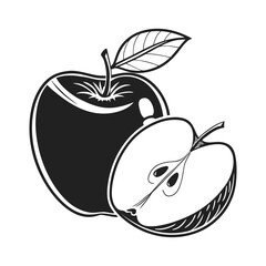 Stylized black and white illustration of a whole apple and a halved apple