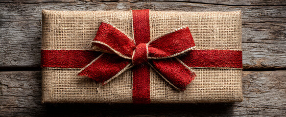 Paket mit roter Schleife auf rustikalem Holz -- Hintergrund, Banner