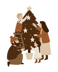 Family decorating a Christmas tree together. Warm festive moment in Scandinavian minimalism style. Ideal for holiday cards, winter posters, and family-themed seasonal illustrations.