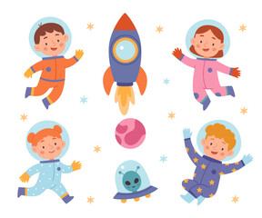 Happy children in colorful spacesuits floating in space with rocket, planet and alien. Playful kids illustration perfect for nursery decor, STEM materials, posters, and educational projects.