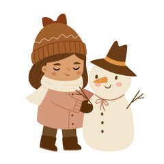 Cute girl building a snowman in winter outfit with hat and scarf. Warm and cozy flat illustration in Scandinavian minimalism style. Perfect for holiday cards, kids prints and seasonal decor.