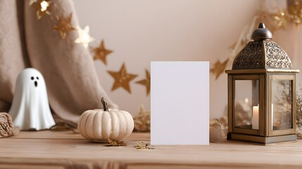 Halloween holiday greeting card mockup with white pumpkin, ghost, lantern and golden confetti