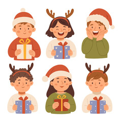 Group of smiling kids in festive outfits with gifts and Christmas accessories. Fun holiday illustration perfect for cards, kids designs, party invitations, and winter decorations.
