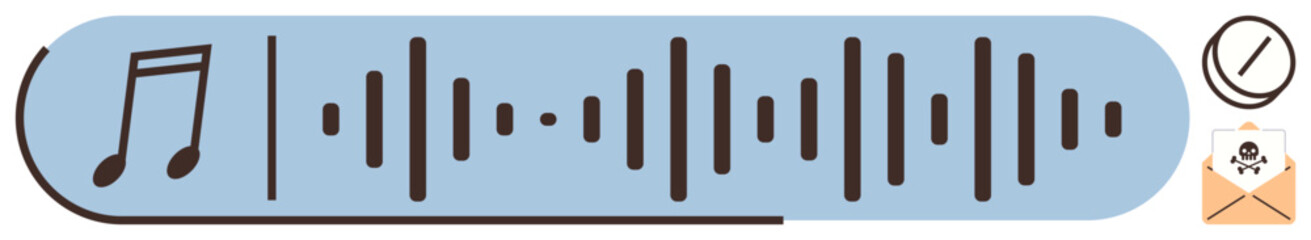 Audio waveform with music note, envelope with warning icon, and clock, representing sound, communication, and urgency. Ideal for music, media, notifications alerts time-sensitive actions mail