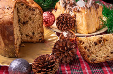 Christmas table, a beautiful Christmas table with chocolate cake and Christmas decorations, selective focus.