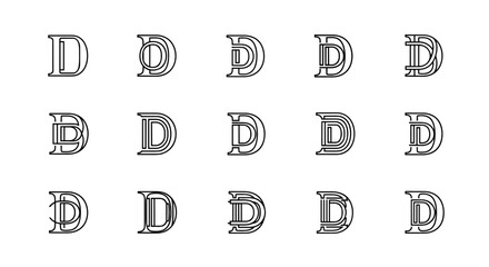 A collection of stylized 'D' monograms and serif letter logos, presented as a vector cartoon illustration on a black background, featuring an ordered set of line icons with a unique, artistic outline