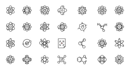 Atom Pack of Thin Icons with Editable Stroke, Perfect for Websites, Books, Cards, Apps, Vector Cartoon Illustration on a White Background, Ordered Set of Scientific Symbols and Molecular Structures