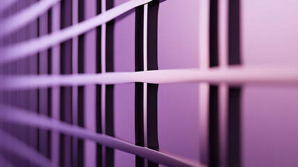 Close-up of a metallic structure with a purple ambiance. The play of light and shadow enhances the pattern of lines and gaps, creating depth and visual interest.