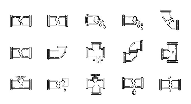 Set of 12 simple line icons representing broken pipes and plumbing issues, presented on a clean white background. This vector cartoon illustration is perfect for graphics, designs, books, adverts - Powered by Adobe