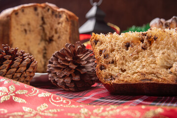 Christmas table, a beautiful Christmas table with chocolate cake and Christmas decorations, selective focus.