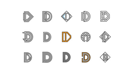 Set of D letter monograms and logos in various modern and abstract styles, featuring clean lines and geometric shapes, presented on a black background for a sophisticated and contemporary aesthetic