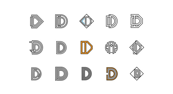 Set of D letter monograms and logos in various modern and abstract styles, featuring clean lines and geometric shapes, presented on a black background for a sophisticated and contemporary aesthetic - Powered by Adobe