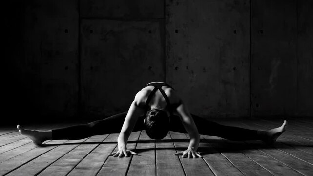 Black and white image of a woman performing a widelegged forward fold yoga pose on a wooden floor with a concrete wall in the background