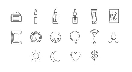 A minimalist linear icon collection representing a skin care line, featuring essential beauty products like creams, serums, face masks, and facial rollers, alongside natural elements such as a rose