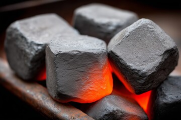 Close-up view of glowing charcoal briquettes stacked together, showcasing texture and heat, ideal for grilling and outdoor cooking settings