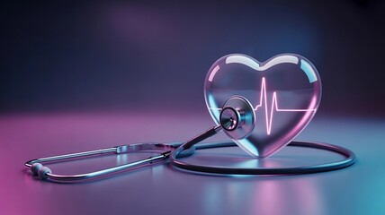 Stethoscope with neon heartbeat and glass heart
