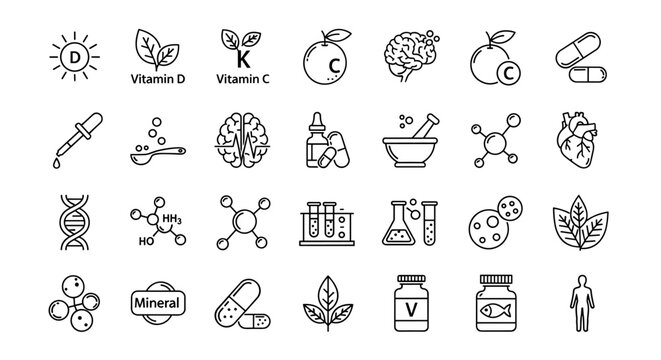 Set of black vector icons isolated against a white background, illustrating vitamins and supplements, natural and chemical elements, and scientific concepts like DNA and molecules, perfect for health