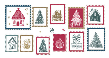 Advent calendar with house and tree on white, hand drawn illustrations.	
