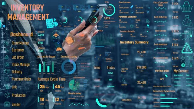 Inventory management dashboard showing supply chain performance, stock levels, order cycle times, cost reduction, and procurement ROI. Inventory tracking, and streamline warehouse efficiency. Thunk
