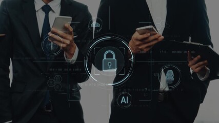 A team of business professionals engages in discussions about digital security measures and AI technology, showcasing modern devices in a contemporary office environment. Raster - Powered by Adobe