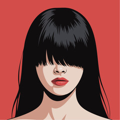 mysterious long‑hair silhouette with eyes covered and vivid red lips on solid red field; poster or print for gallery walls, salons, and trendy interiors